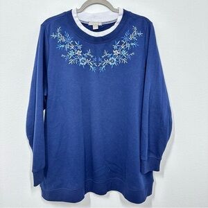 Woman Within Navy Blue Floral Embroidered Double Collar Crewneck Sweater Size 18